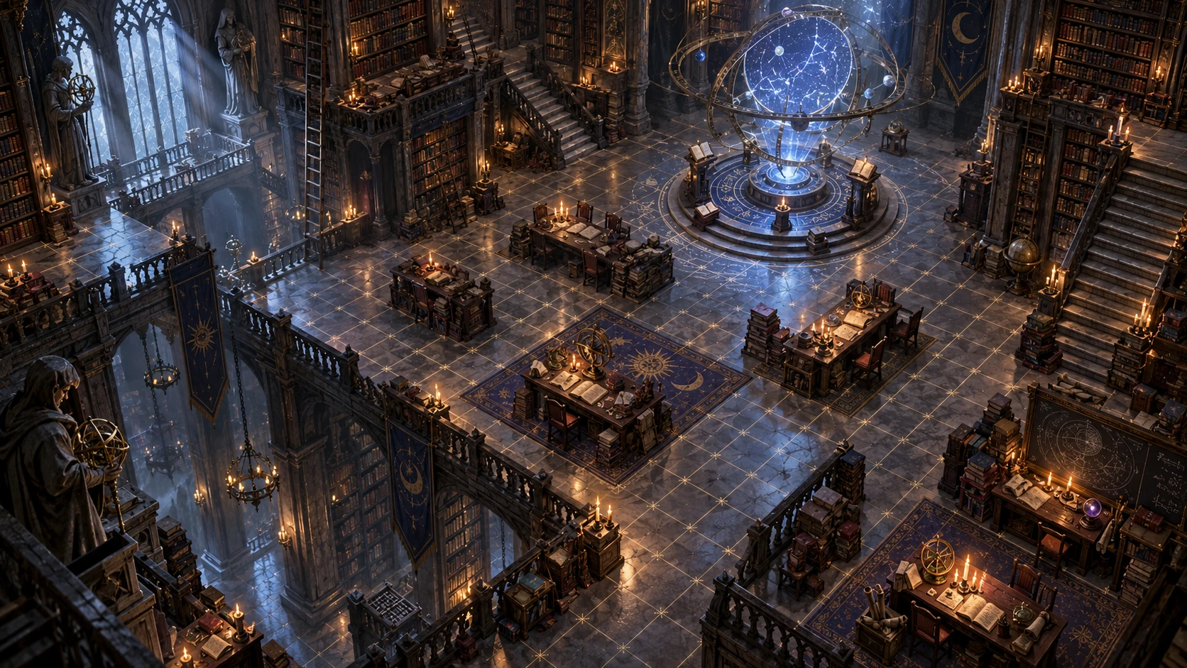 A top-down battle map of a library with a great orrery
