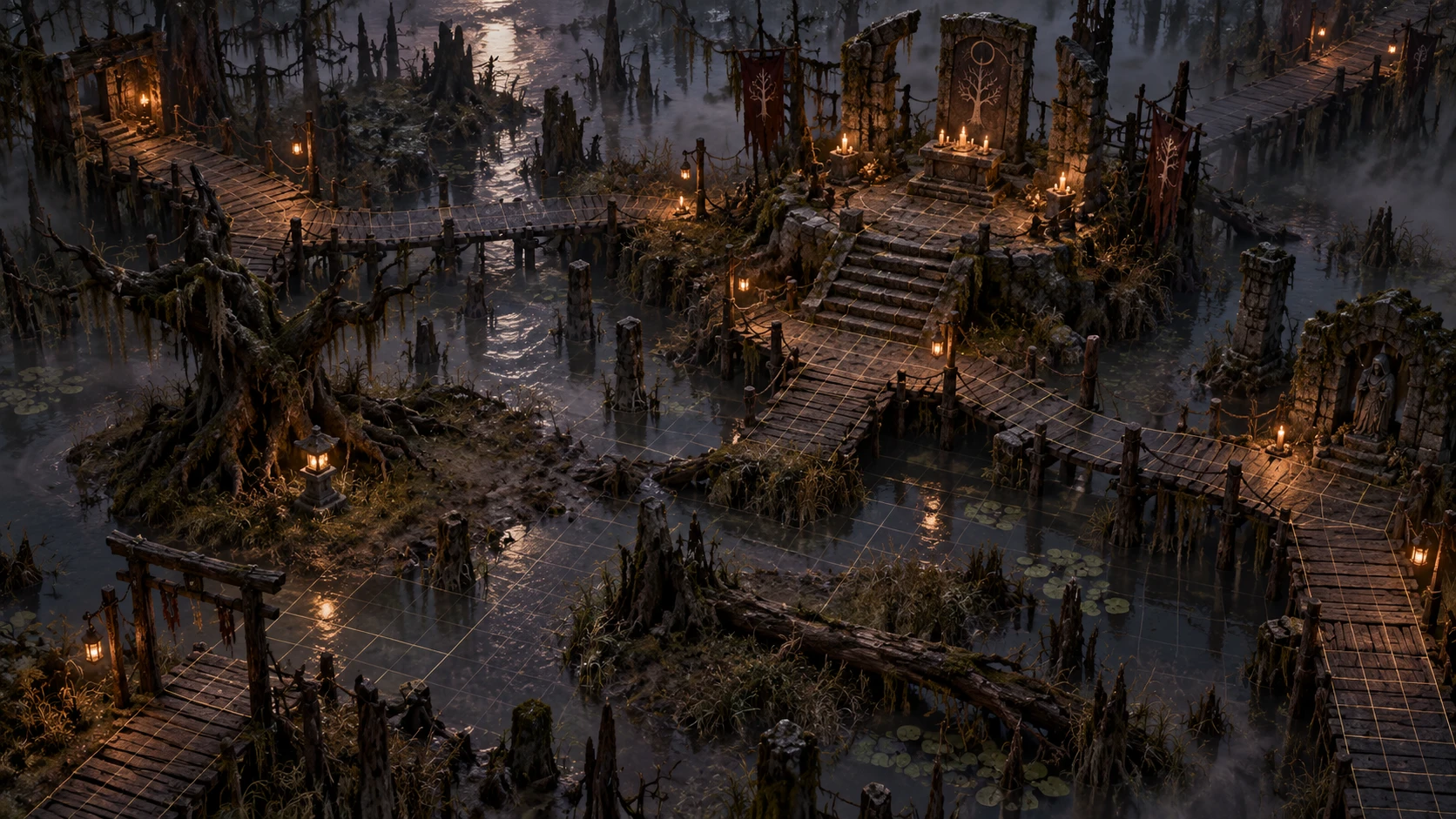 A top-down battle map of a swamp boardwalk and shrine