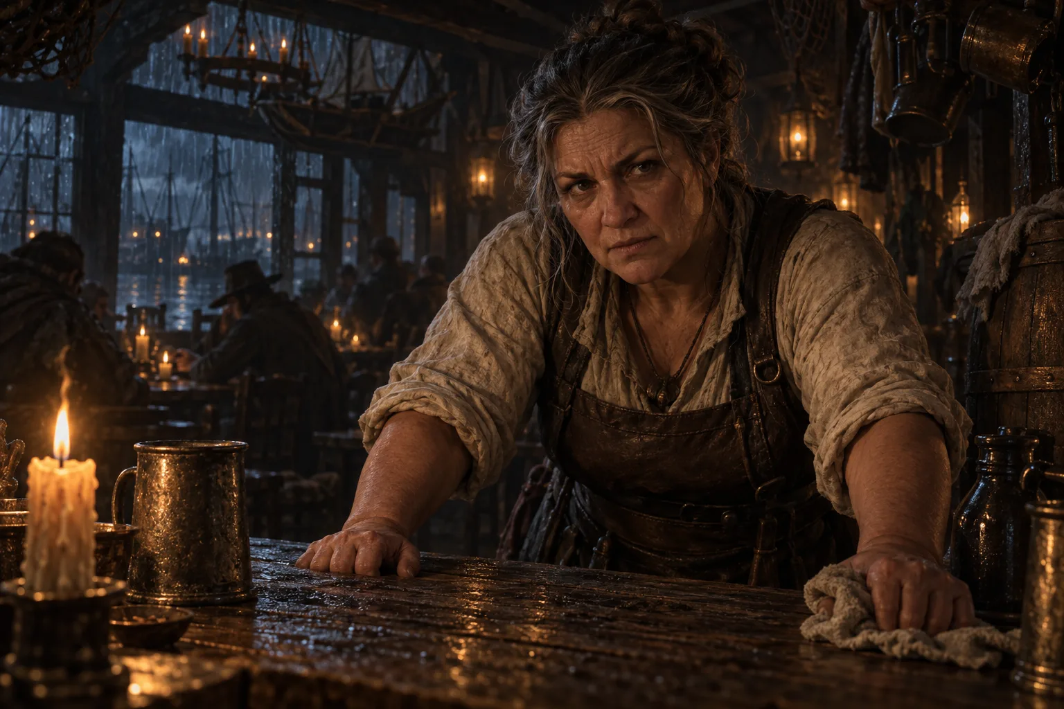 Mother Vell, the older barkeep from the game, leans across the tavern bar