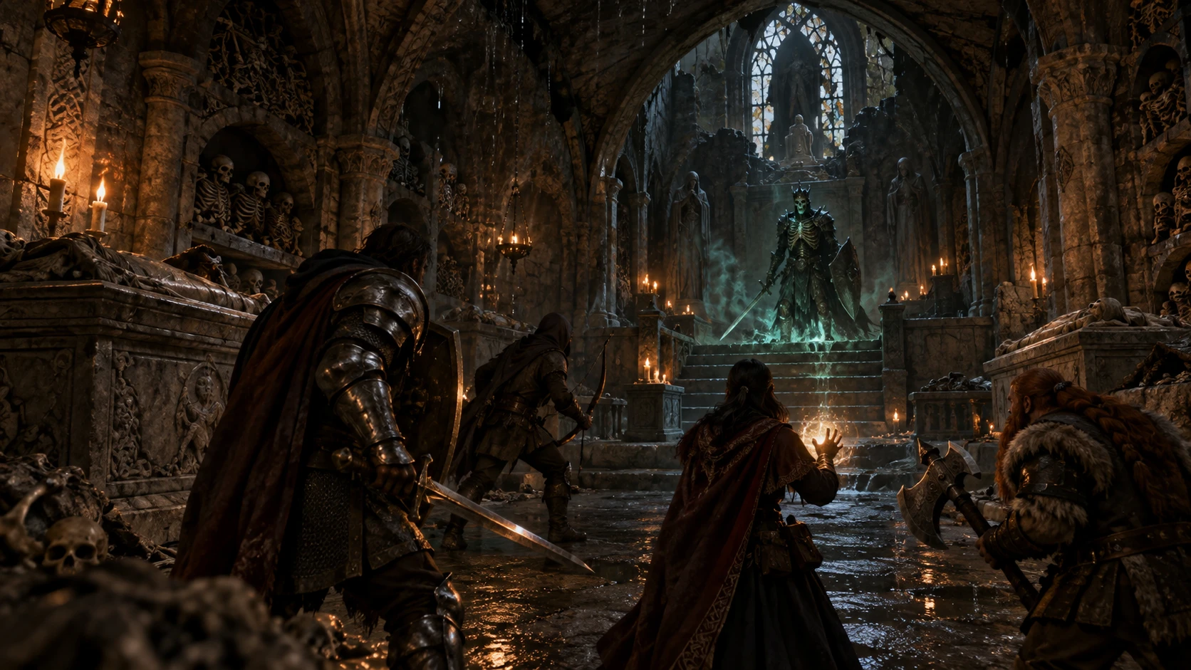 Heroes confronting a lich king in a crypt