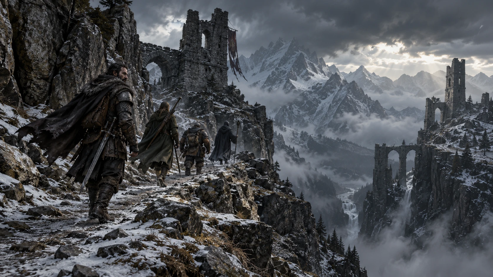 A party crossing a snowy ridge toward mountain ruins