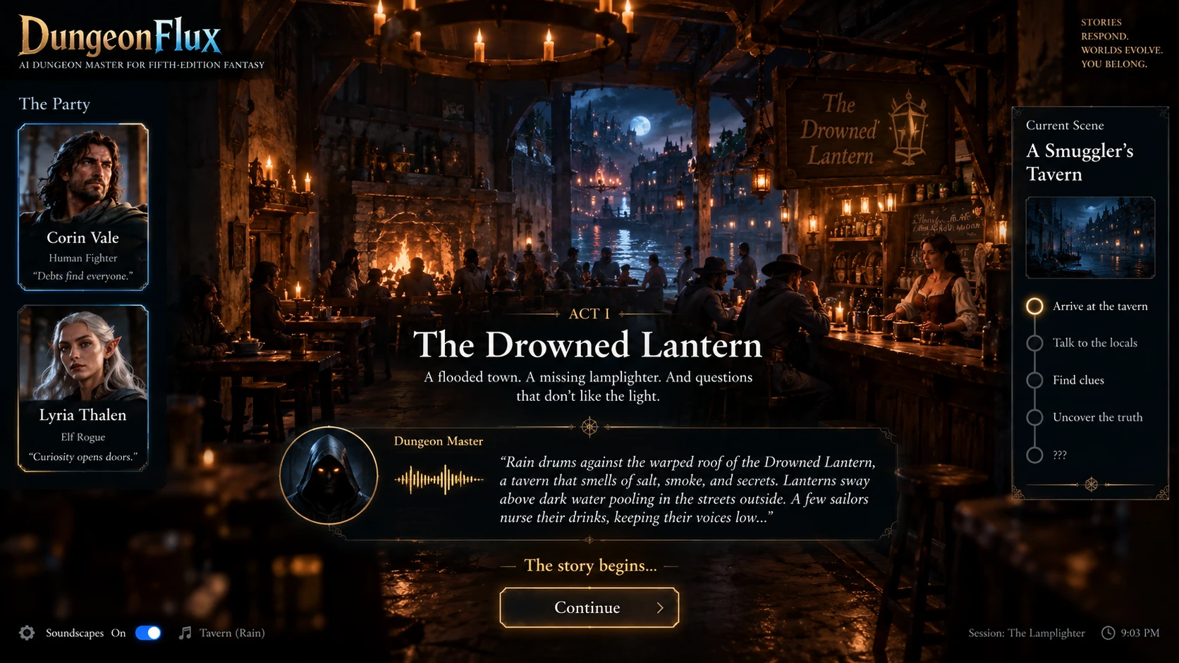The TV during the opening scene: the party's portraits, the Drowned Lantern tavern, and the scene's goals
